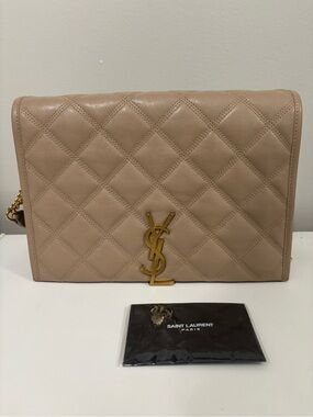 Saint Laurent Beige Quilted Leather Shoulder Bag with Gold YSL